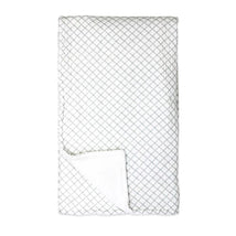 Sage grid patterned 2 layer muslin blanket by Rose Textiles, featuring a soft white underside.