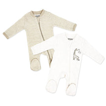 Beige 2-pack preemie mitted sleepers featuring one striped design and one with a giraffe graphic.
