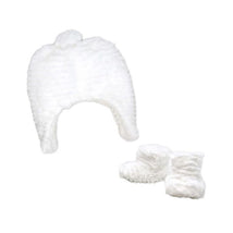 White plush hat with a pom-pom and matching booties from the Rose Textiles Ridge Plush Hat & Bootie Set.