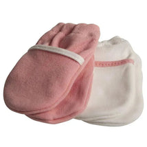 Pink and white soft mittens designed to prevent scratching, featuring elastic cuffs for a secure fit.