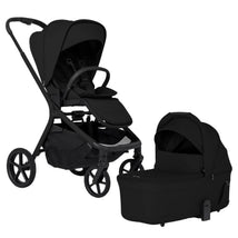 Silver Cross Breez Modular Stroller and Bassinet Bundle in Onyx, featuring a black stroller with adjustable seat and bassinet attachment.