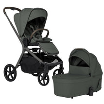Silver Cross Breez Modular Stroller & Bassinet Bundle in Pewter; features a sleek, dark grey stroller and matching bassinet.