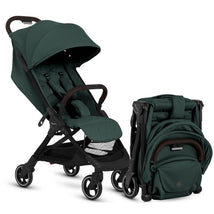 Lightweight Silver Cross Clic stroller in Conifer green, with adjustable seat and compact folded design beside it.
