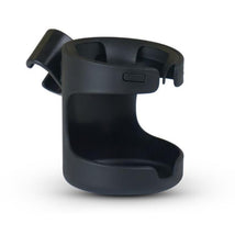 Black cup holder designed for the Silver Cross Cove stroller, featuring a secure mounting clip and a spacious holder.