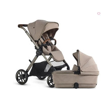 Silver Cross Reef 2 modular stroller in Frappe color with bassinet attachment, featuring a tan canopy and brown handle.