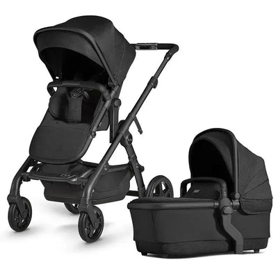 Silver Cross Wave stroller in Onyx color, featuring a sleek, modern design with a removable bassinet attachment.