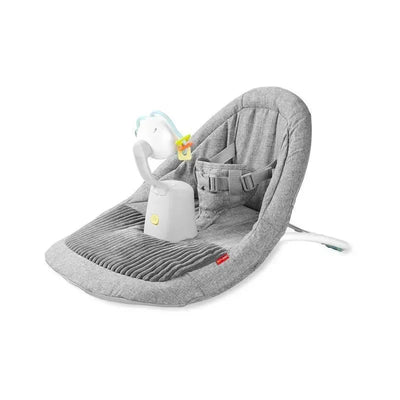 Baby ergonomic activity floor seat in gray with a toy attachment for upright sitting.