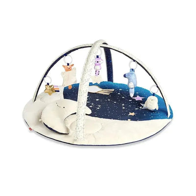 Celestial Dreams Activity Gym featuring a starry sky design, plush moon, and dangling toys including a stars, animals, and rings.