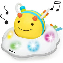 Bright yellow bee toy on a white cloud base with colorful lights, designed to attract babies and encourage crawling.