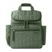 Sage green Skip Hop Forma Diaper Backpack featuring chevron quilting and multiple zippered pockets for organization.