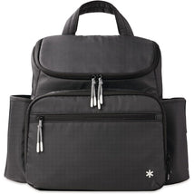 Black Skip Hop Forma Next Backpack featuring multiple zippered compartments and exterior side pockets.