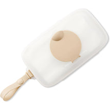 Skip Hop Grab & Go Wipes Case in oat color, white with a beige top cover, includes a strap for easy carrying.