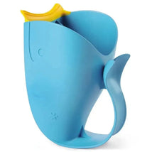 Blue whale-shaped bath rinser with a yellow spout, designed for pouring water during bath time.