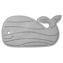 Non-slip grey bath mat shaped like a whale, featuring textured waves and a playful design for safety during bath time.