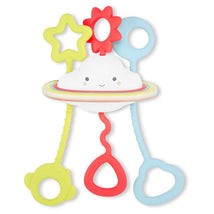 Sensory toy featuring a smiling cloud with colorful rings and three textured attachment pieces in star, flower, and circular shapes.