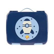 Bento lunch box featuring a rocket design on a navy blue background with stars. Ideal for children.