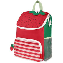 Big kid backpack by Skip Hop, designed as a strawberry, featuring a green top, red body, and striped front pocket.