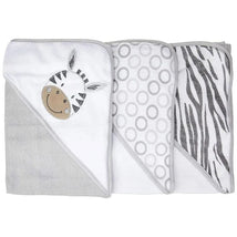 Three grey zebra-themed hooded towels featuring a zebra design, polka dots, and a zebra stripe pattern.