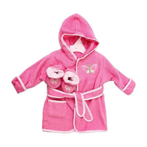 Terry bathrobe in pink with a butterfly design and matching booties, designed for comfort and warmth.