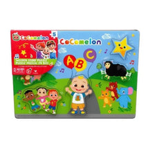 Cocomelon Wooden Sound Puzzle featuring colorful characters, ABC balloons, and various animals on a vibrant background.