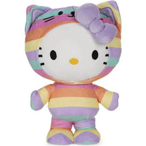 Hello Kitty plush stuffed animal wearing a colorful rainbow outfit, featuring a purple bow on its head.