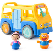 Spin Master MS Rachel Learning School Bus toy in yellow and blue, with two character figures: a girl and a smiling animal.