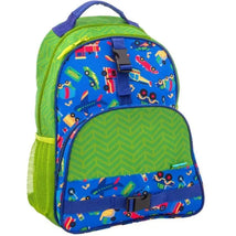 Backpack featuring a colorful transportation print with cars, trucks, and airplanes on a blue background, complemented by a green base.