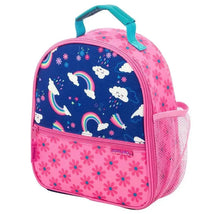 Lunchbox featuring a colorful rainbow and cloud pattern on a blue background, with a pink floral base and mesh pocket.