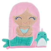Bath mitt featuring a smiling mermaid design with pink hair and a small green finger puppet.
