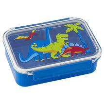 Bento box featuring a colorful dinosaur design, including a T. rex, blue brontosaurus, and a palm tree on a blue base.