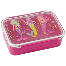 Bento box featuring colorful mermaid designs with flowers and stars on a pink background. Clear lid with a clasp.