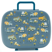 Bento box featuring a removable tray, decorated with various construction vehicle illustrations on a blue background.