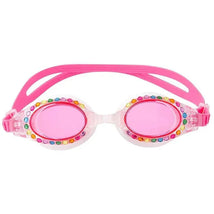 Bling goggles for kids with pink lenses and colorful gem accents, ideal for swimming and water activities.