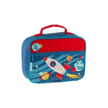 Blue and red lunch box featuring a rocket and planets design, ideal for kids.
