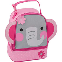 Lunch box designed as an elephant with gray body, pink accents, and a floral detail, ideal for kids.