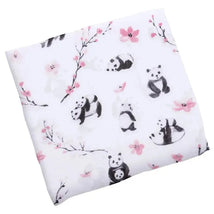 Muslin blanket featuring panda illustrations amid pink flowers on a white background. Ideal for baby use.