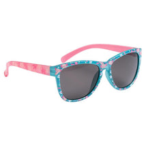 Colorful sunglasses featuring an axolotl design, with pink and blue floral patterns on the frames.