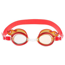 Red swim goggles with flame designs, featuring a comfortable strap and clear lenses, suitable for children.