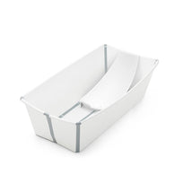 Stokke Flexi Bath Tub X-Large Bundle in white, featuring a spacious design with a supportive backrest and gray accents.