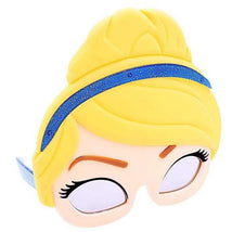 Cinderella-themed sunglasses featuring a yellow hair design and a blue sparkly headband.