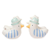 Kids inflatable arm bands designed as seagulls with blue stripes and a hat, perfect for safe swimming fun.