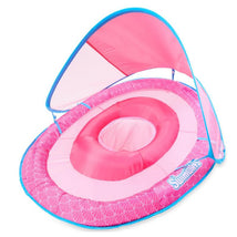 Baby pool float by Swimways in pink, features a canopy for sun protection and an oval seat for comfort.