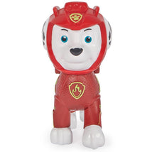 Red Paw Patrol float featuring Marshall, a puppy character in a firefighter outfit, with a cheerful expression.