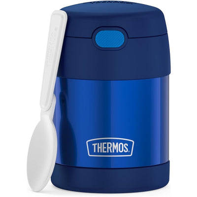 Stainless steel Thermos FUNtainer food jar in navy blue with a white spoon attached. Capacity: 10 oz.