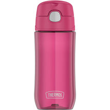 Thermos 16 oz plastic water bottle in raspberry color with a flip-top lid and visible brand logo.