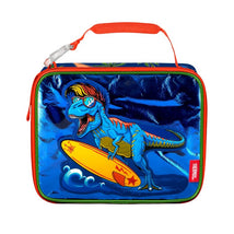 Lunch box featuring a blue dinosaur surfboarding on a wave, with vibrant colors and a red handle, by Thermos.