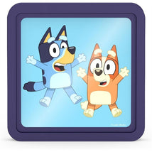 Bluey and Bingo, animated characters, joyfully jumping on a light blue background in the Thermos Reusable Hard Ice Pack design.