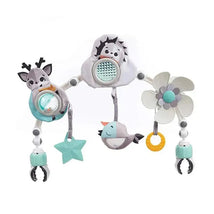 Black and white stroller arch with plush animal toys, visual stimulation elements, and interactive features for infants.