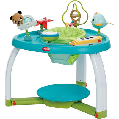Tiny Love Meadow Days Stationary Activity Center features vibrant colors with toys including a bear, bird, and musical keys for infant engagement.