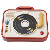 Colorful DJ station toy by Tiny Love featuring a turntable, sound buttons, and a carrying handle.